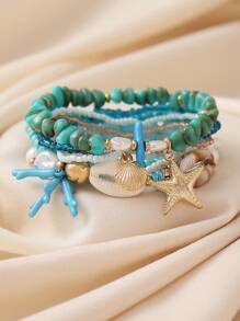 6pcs/Set Bohemian Style Ocean Theme Natural Stone, Pearl, Coral, Seashell, Starfish Beaded Multilayer Bracelet Set, Handmade Accessories For Women, Daily Wear & Holiday Gift