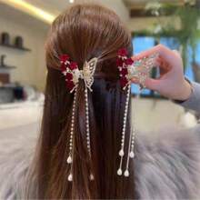1 Peça Grampo de Cabelo com Tassels, Decorado com Strass em Formato de Borboleta e Pérolas Falsas, Acessório de Cabelo Elegante, Grampo de Cabelo, Presilha de Cabelo, Itens Escolares, Faculdade