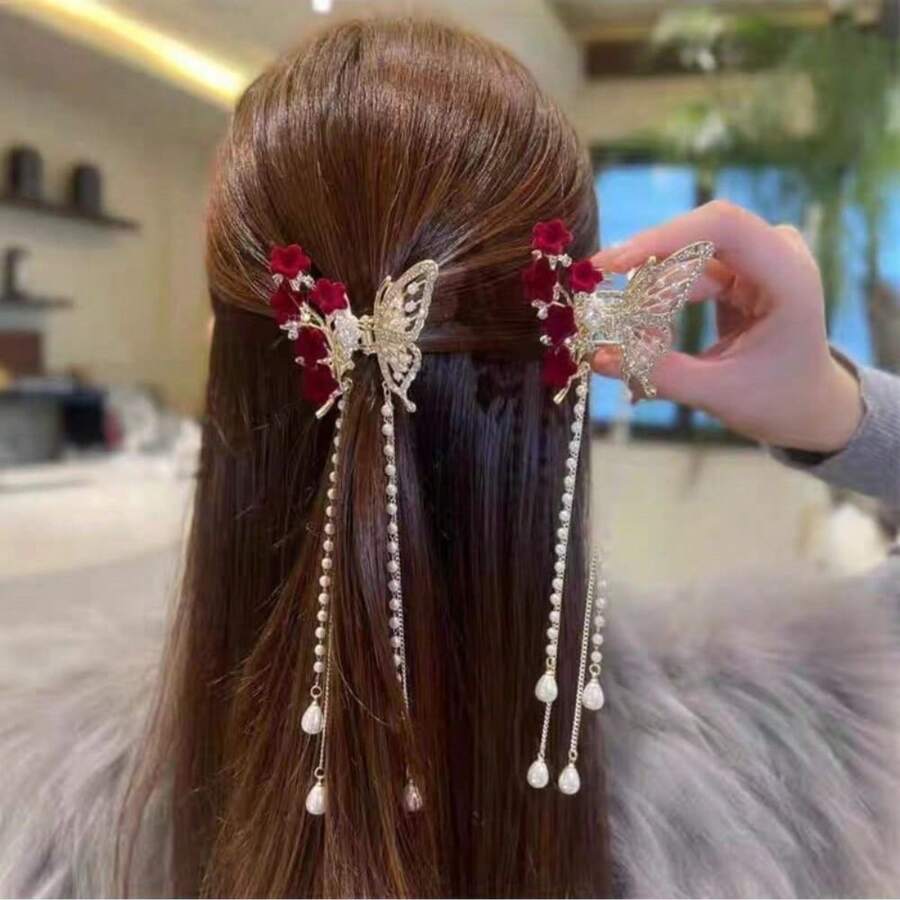 1 Peça Grampo de Cabelo com Tassels, Decorado com Strass em Formato de Borboleta e Pérolas Falsas, Acessório de Cabelo Elegante, Grampo de Cabelo, Presilha de Cabelo, Itens Escolares, Faculdade