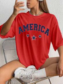 Women's Oversized America T-Shirt Off-The-Shoulder Blouse 100% Cotton - 紅色 - 查看 4