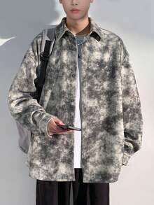 Men's Tie-Dye Corduroy Button Down Long Sleeve Shirt, Light Jacket For Spring And Autumn - Grey - View 1