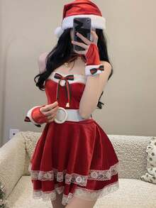 Đồ lót gợi cảm Giáng sinh mùa đông cho nữ Váy nhung gợi cảm Áo sơ mi tiệc Giáng sinh - Đỏ - Xem 2