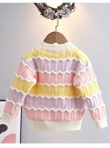 Young Girl Rainbow Stripe Sweater, Round Neck Long Sleeve Knit Pullover, Autumn/Winter