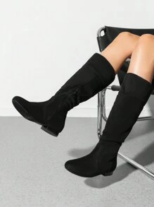 Women's Wide Calf Knee High Boots Fur Lined Pull On Side Zipper Classic Elegant Fall Weather Winter Boots - DA LỘN MÀU ĐEN - Xem 3