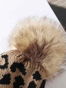 1顶时尚豹纹卷边毛球针织帽，轻盈保暖，加厚纱线，扎染图案，女士款，适合感恩节/户外活动，时尚配饰 - 針織帽 - 查看 7