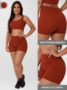 Women's Ribbed Gym Fitness Shorts - Rust Brown - View 2