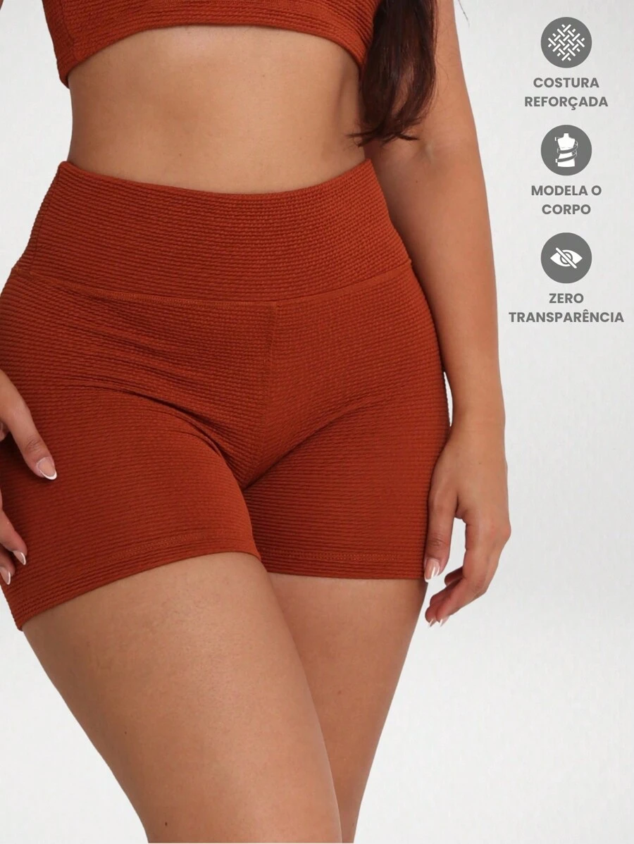 Women's Ribbed Gym Fitness Shorts - Rust Brown - View 1