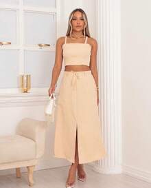 Tailored Set Midi Skirt With Belt And Cropped Top - Màu be - Xem 3