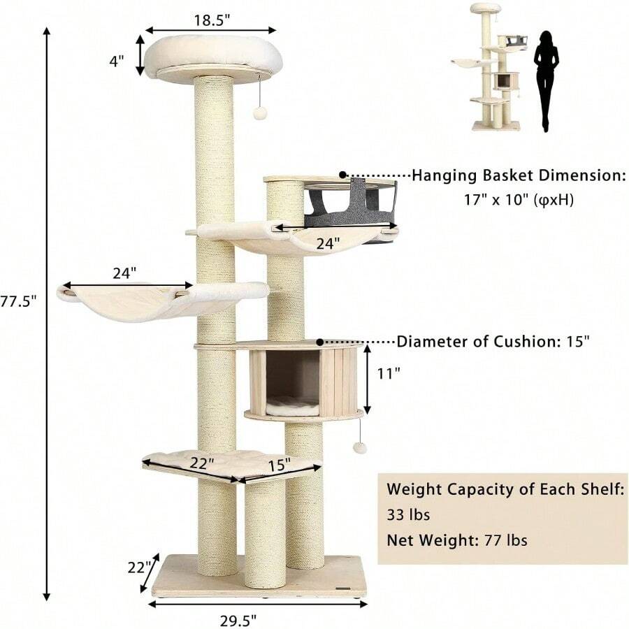 Large Cat Tree Tower, MultiLevel Tall Cat Tree With Sisal Posts