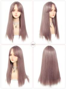 长直假发带刘海紫色多彩角色扮演丝质假发，适合女性日常派对自然柔软合成头发耐热长合成假发，带蓬松中分刘海日常使用角色扮演圣诞化妆舞会假发 - 淺灰紫 - 查看 3