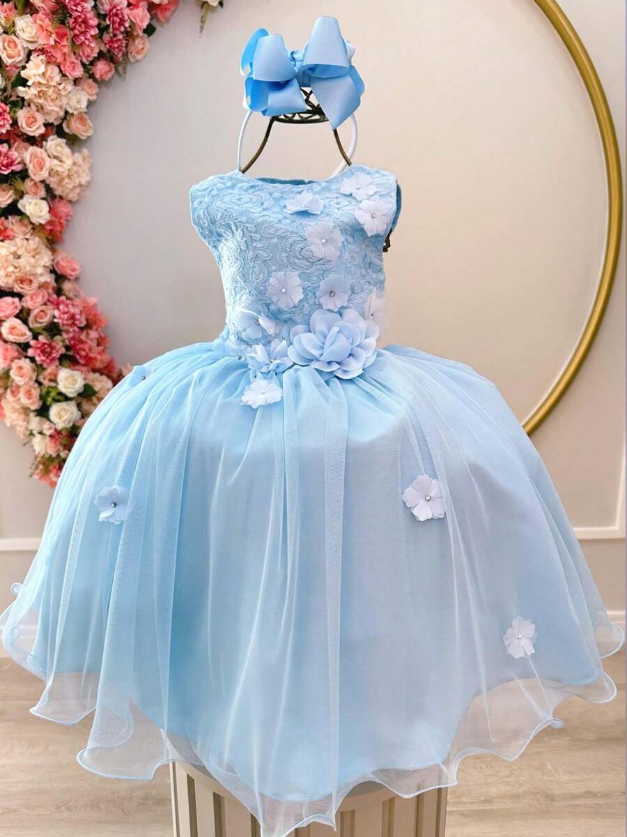 Blue Serenity Flower Girl Dress Graduation Wedding Bridesmaid Flower Girl Kids Party Lace Tulle Dress - 淺藍色 - 查看 1