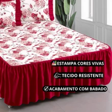 Floral Pattern Quilt Set With Ruffles + 2 Pillowcases - 紅色 - 查看 1