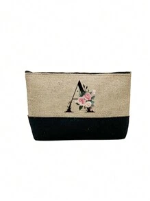 1件卡其色花卉字母图案女士手提包兼化妆包，送给优秀教师的礼物，可重复使用的托特包，女士简约大容量旅行化妆包，多功能便携式女士礼品