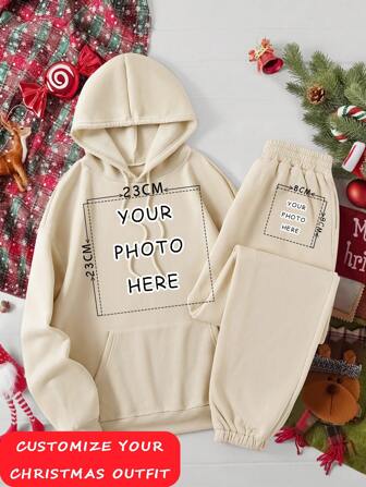 Customized Christmas Gift, Personalized Women's Hooded Sweatshirt 2 Pieces Set - Add Your Own Photos (Family Portrait/Selfie/Favorite Pattern/Party Photo) To Design Your Own Customized Printed Sweatshirt, Logo Business/Wedding Gift/Party Outfit/Birthday Gift/Halloween/Christmas Costume, Anniversary Gift, Valentine's Day, Thanksgiving, New Year Pattern, Baby/Couple/Family/Pet Photos