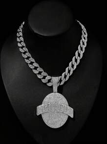 1pc Hip-Hop Style Alloy Circle Pendant Necklace With Letter & Rhinestone Detail, Unique Personalized Link Jewelry Accessory For Nightclub Party - Hip Hop Pendant - View 7