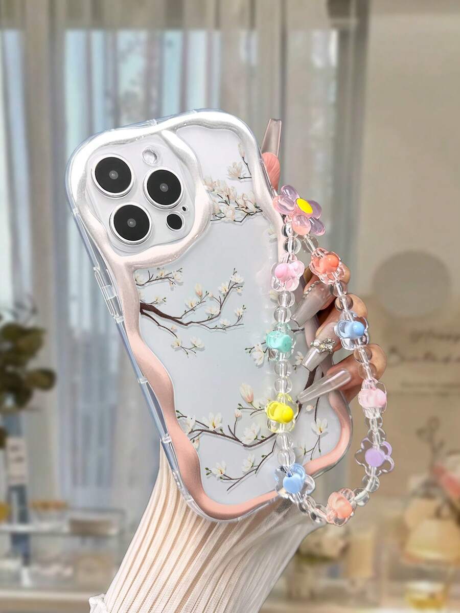 米色花卉图案透明白漆花枝手链保护手机壳兼容 iPhone 14 Pro Max、iPhone 13、iPhone 11、iPhone XR、iPhone 7/8、Galaxy S24、A04、A12、A13、A14、A23、A24、A32、A33、A51、A52、A53、A54、A72、S20 FE、Redmi 9、Redmi 9A - 彩色 - 查看 1