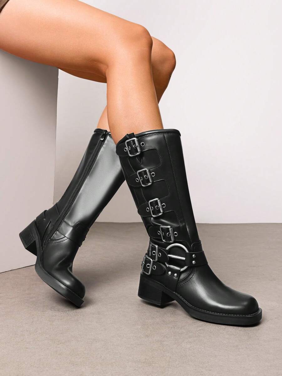 Women's Slip On Knee High Boots Square Toe Chunky Heel Classic Vintage Metallic Buckles Motorcycle Riding Boots - PU ĐEN - Xem 1