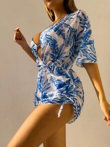 3pcs/Set Women Summer Beach Vacation Tropical Plant Print Halter Tie Bandeau Swimsuit Set With Wrap Skirt Top - Baby Blue - View 5