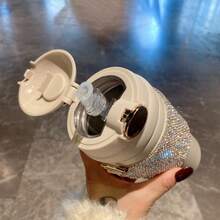 Cốc đựng nước bằng ống hút dung tích lớn Rhinestone Decor, Bình nước cách nhiệt bằng thép không gỉ sang trọng có dây đeo vai - trắng - Xem 5