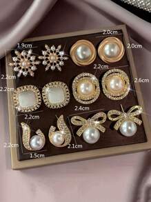 Bộ 6 món trang sức hoa tai thời trang thanh lịch hợp thời trang đính đá Rhinestone & ngọc trai kiểu Pháp dành tặng cho phụ nữ, thích hợp để đeo hàng ngày và lễ hội - Nhiều màu - Xem 8