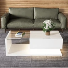Coffee Table, High-Gloss Black. Side Tables, Coffee Tables With Glass And LED - White - View 2