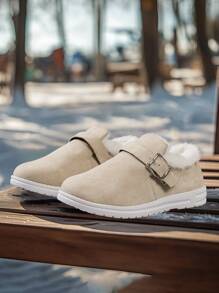 2024 Winter New Suede One-Buckle Round Toe Beige Snow Boots, Unisex Short Boots With Fur Lining, Comfortable And Durable Warm Shoes, Suggest Size Up One - Beige - View 4
