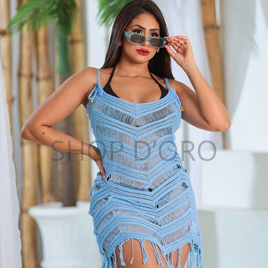 Beach Cover-Up With Fringes And Ocean Waves - Baby Blue - View 1
