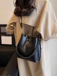 迷你夏季时尚潮流纹理纯色 PU 水桶包复古百搭女士单肩包 - 黑色 - 查看 6