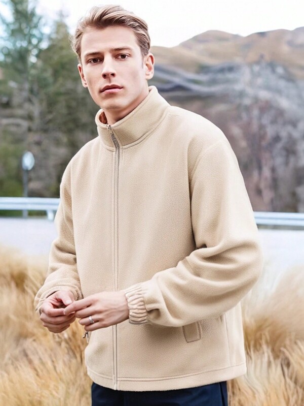 1pc Jaqueta de lã masculina para atividades ao ar livre, forro de sherpa reversível, ajuste solto casual, outono/inverno