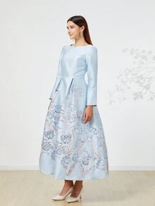 提花编织优雅女士长款晚礼服，长袖正式舞会礼服，适合婚礼宾客、毕业典礼、晚宴、派对礼服 - 彩色 - 查看 8