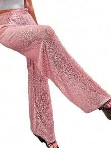 Women Sequins Wide Leg Pants Shiny Loose Casual Elastic High Waist Trousers For Work Office Streetwear - Hồng - Xem 3