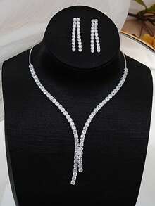 1 Đôi Hoa Tai Sang Trọng + 1 Dây Chuyền - Đính Đá Rhinestone Lấp Lánh, Thiết Kế Tua Dài, Bộ Trang Sức Đính Hôn Và Cưới Tinh Tế Dành Cho Nữ - Thanh Lịch, Bền Và Không Gây Dị Ứng - trắng - Xem 4