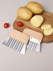 1pc Stainless Steel Wavy Cutting Knife With Wooden Handle, Wavy Potato Slicer, Creative Fruit And Vegetable Decorative Cutter, Suitable For Potatoes, Carrots, Cucumbers, Household Kitchen Tool, Random Wooden Handle Texture - Multicolor - View 3