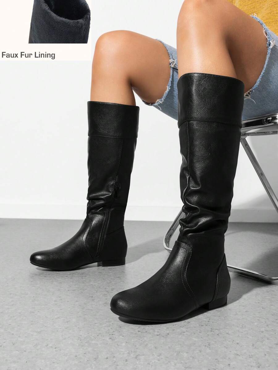Women's Wide Calf Knee High Boots Fur Lined Pull On Side Zipper Classic Elegant Fall Weather Winter Boots - 黑色 - 查看 1