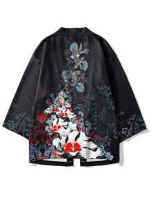 Chinesischer Stil Blumeallover-Muster schwarze locker sitzende Lässig Cardigan Kimono Jacke für Herren, Große Größen