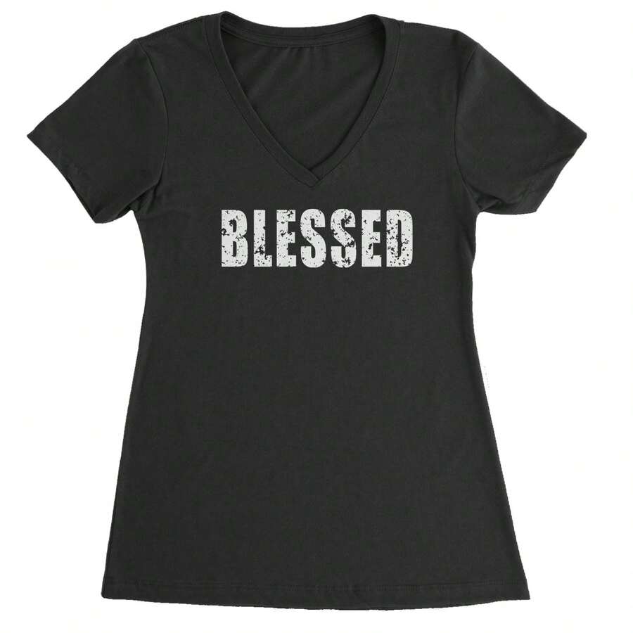 Religious Grateful Thankful Ladies V-Neck T-Shirt - 黑色 - 查看 1