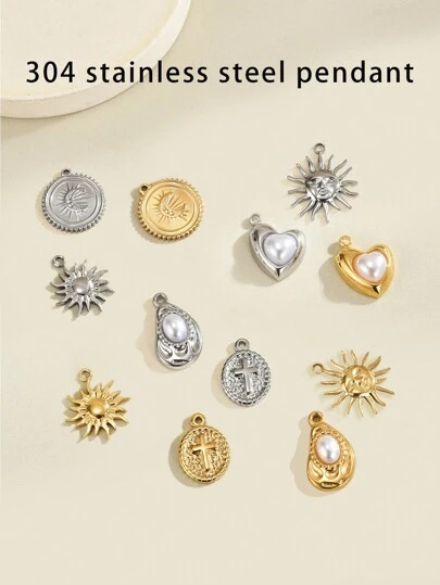 5 件不锈钢跨境液压吊坠复古椭圆形太阳和月亮爱心吊坠项链珠宝配饰