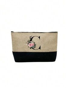 1件卡其色花卉字母图案女士手提包兼化妆包，送给优秀教师的礼物，可重复使用的托特包，女士简约大容量旅行化妆包，多功能便携式女士礼品