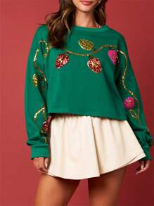 Women's Sequins Sweatshirt Christmas Light String Print Long Sleeve Casual Loose Crop Hoodie Pullover Tops - Green - View 2