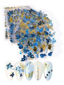 30 件 3D 蓝色蝴蝶美甲贴纸，自粘式奢华蓝色蝴蝶美甲贴花全息激光花朵指甲设计银叶排蕾丝指甲 - 彩色 - 查看 4