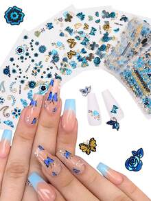 30 件 3D 蓝色蝴蝶美甲贴纸，自粘式奢华蓝色蝴蝶美甲贴花全息激光花朵指甲设计银叶排蕾丝指甲 - 彩色 - 查看 9