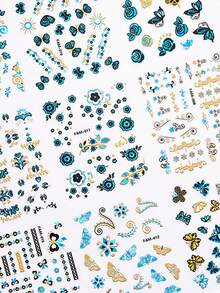 30 件 3D 蓝色蝴蝶美甲贴纸，自粘式奢华蓝色蝴蝶美甲贴花全息激光花朵指甲设计银叶排蕾丝指甲 - 彩色 - 查看 6