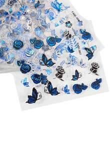 30 件 3D 蓝色蝴蝶美甲贴纸，自粘式奢华蓝色蝴蝶美甲贴花全息激光花朵指甲设计银叶排蕾丝指甲 - 彩色 - 查看 8