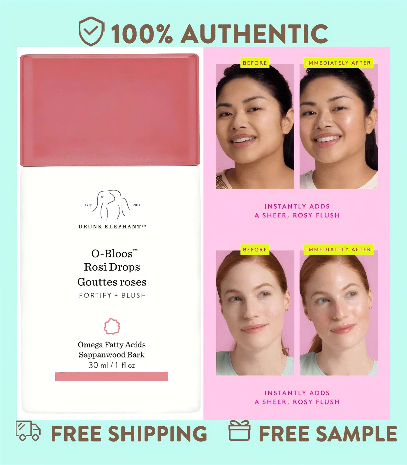 Drunk Elephant O-Bloos Rosi Drops - 1 Fl Oz / 30 ML, Sheer Blush Drops For A Healthy, Rosy Tint. Adds A Soft, Natural Flush To Skin With A Lightweight Formula, Perfect For A Fresh, Dewy Look And All Skin Types. - Lightweight Liquid - View 1