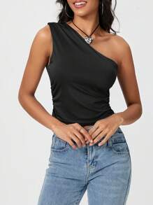 Women's Summer One Shoulder Tank Tops  Soft Stretchy Solid Color Floral For Daily Date Night Party - 黑色 - 查看 10