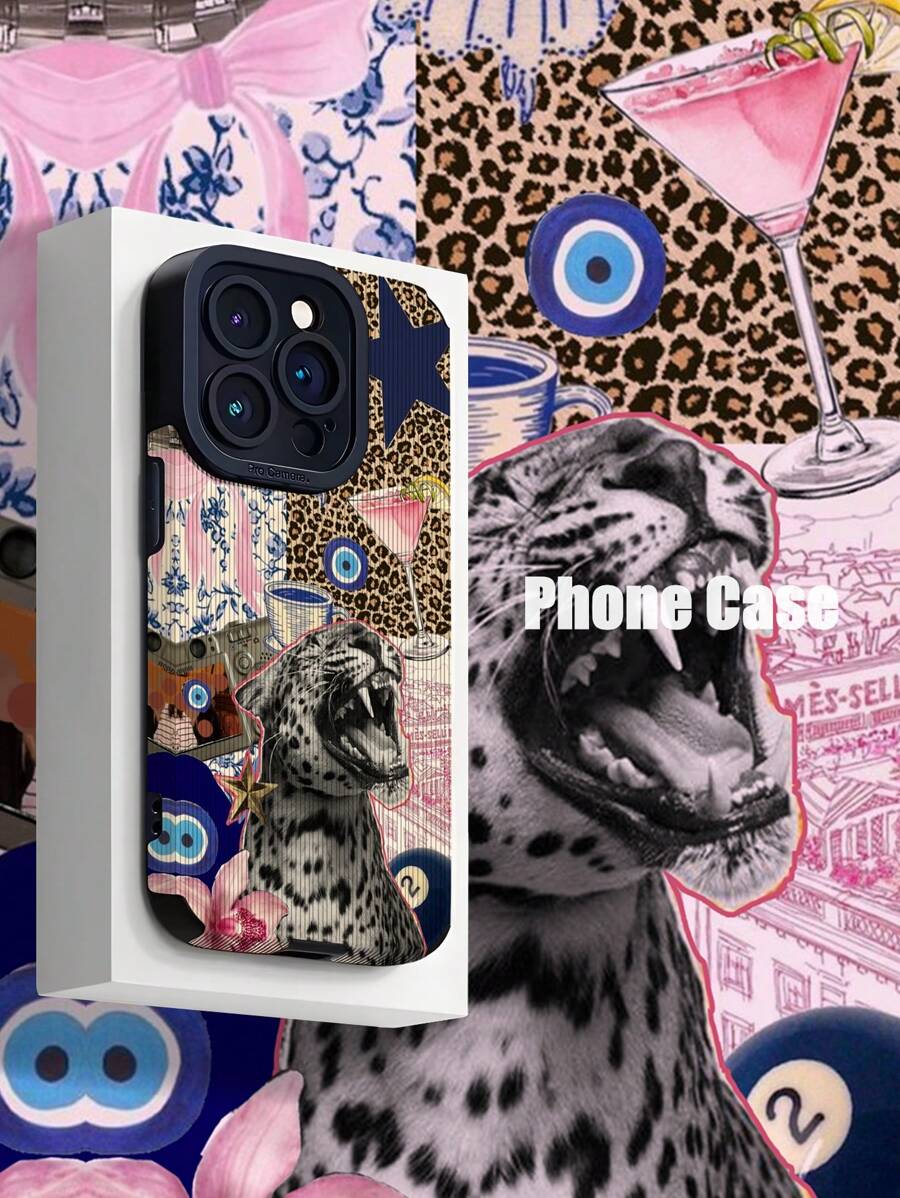 Apple Animal 1pc Pink, Leopard Print & Eye Graphic Vertically Striped Faux Leather Phone Case, Shock-Proof, Anti-Fingerprint Compatible With Iphone And Models Waterproof Anti-Fall Scratch Resistant - Multicolor - View 1