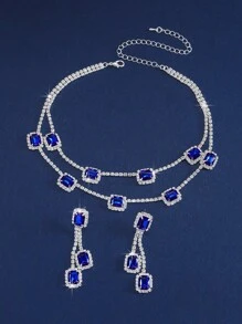 2件套优雅奢华水钻项链、耳环和首饰套装 - 适合女性日常佩戴、婚礼、派对等场合。 - 藍色 - 查看 5