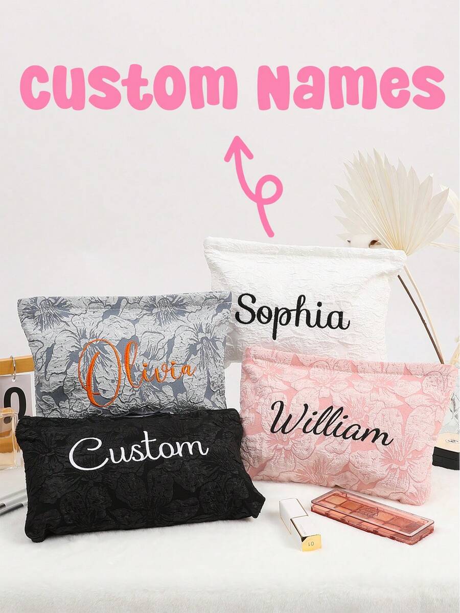 Túi đựng mỹ phẩm thêu tên cá nhân, túi đựng mỹ phẩm hoa 3D, quà tặng cho phù dâu, túi đựng đồ trang điểm, quà sinh nhật/Giáng sinh, túi đựng mỹ phẩm chần bông cỡ lớn, túi đựng mỹ phẩm có khóa kéo. - Nhiều màu - Xem 1