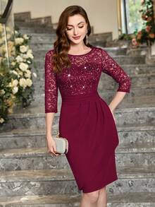 MIUSOL Sequin Floral Lace Round Neck Bodycon Semi-Formal Party Pencil Skirt - Red - View 5