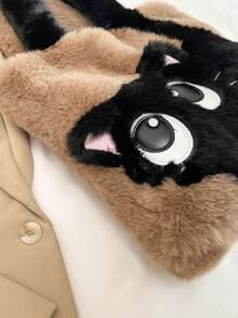Fashion Cute Cat Pattern Shoulder Bag, Autumn Winter Plush Tote Bag, Cartoon Color Contrast Large Capacity Diagonal Crossbody Bag
